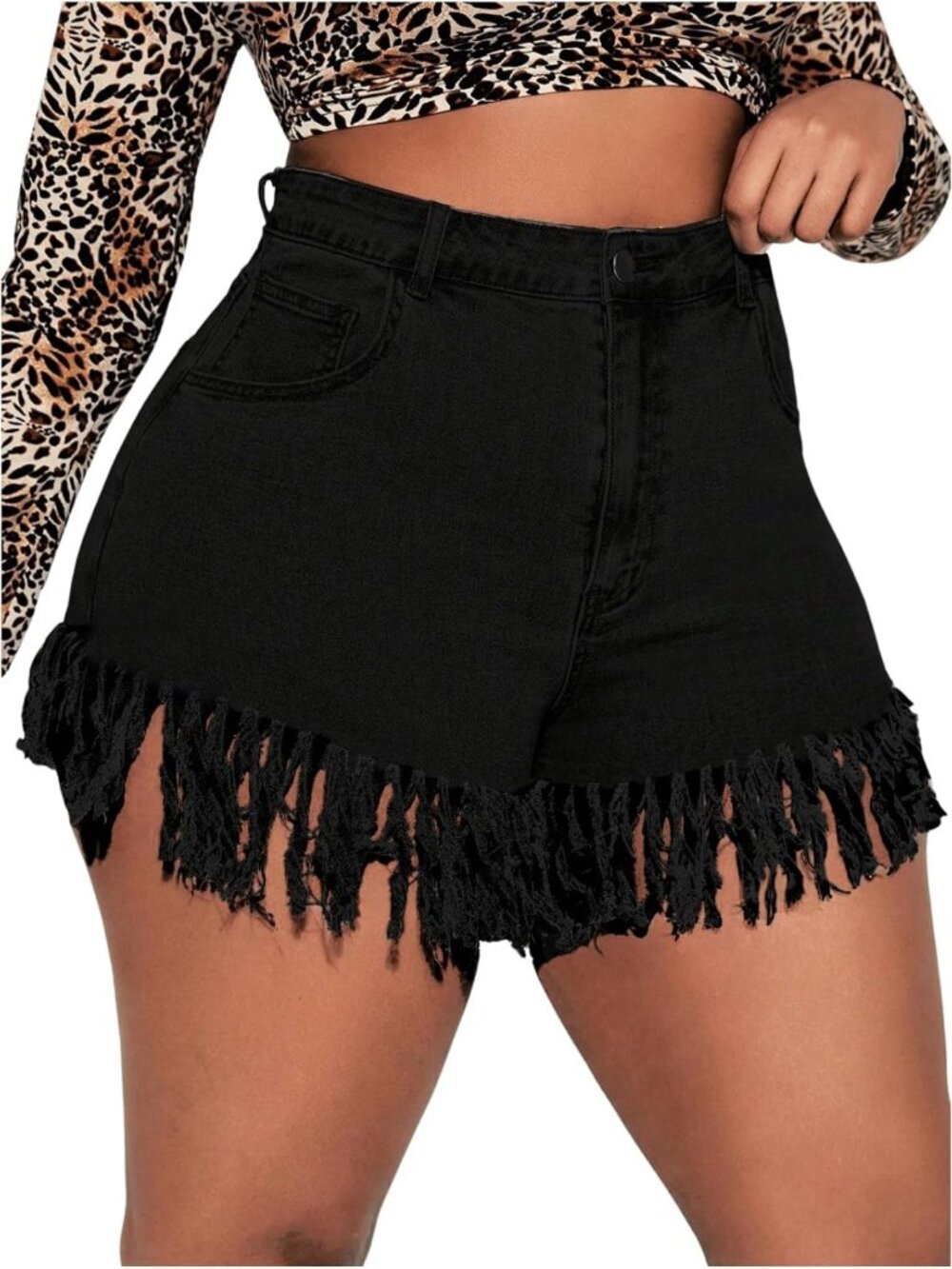 Plus Size High Waist Fringe Denim Shorts with Pockets - Stylish & Trendy Summer